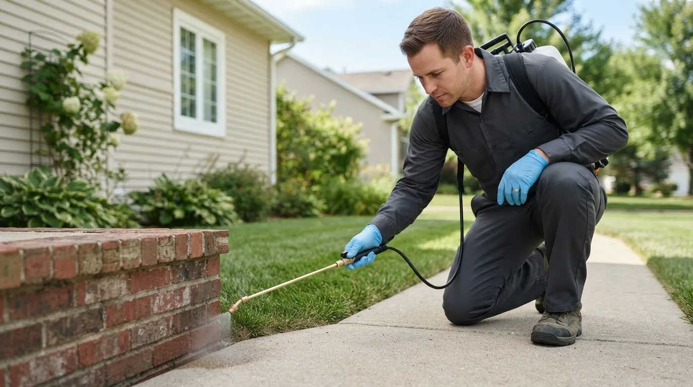 Pest control technician treating a home near Mulliken, MI
