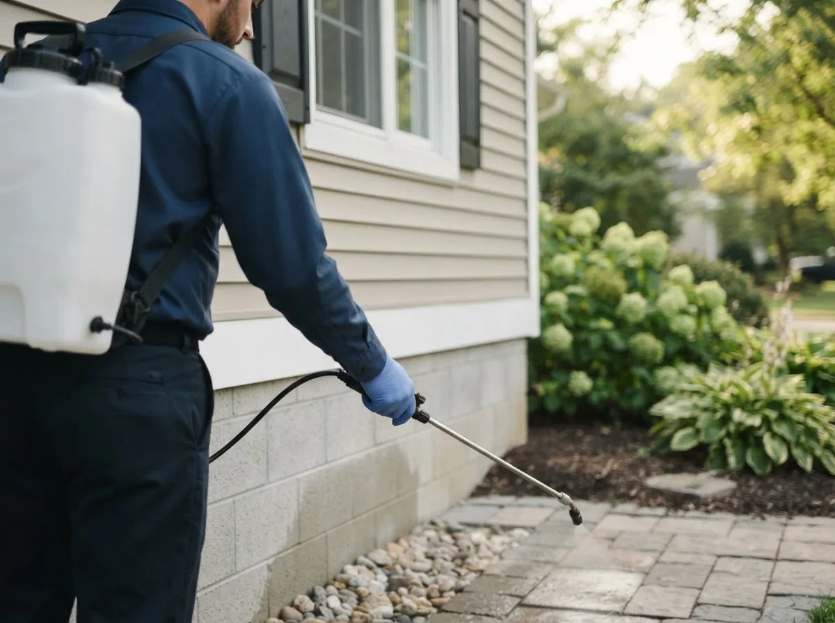Pest control technician inspecting a home in Mulliken, MI